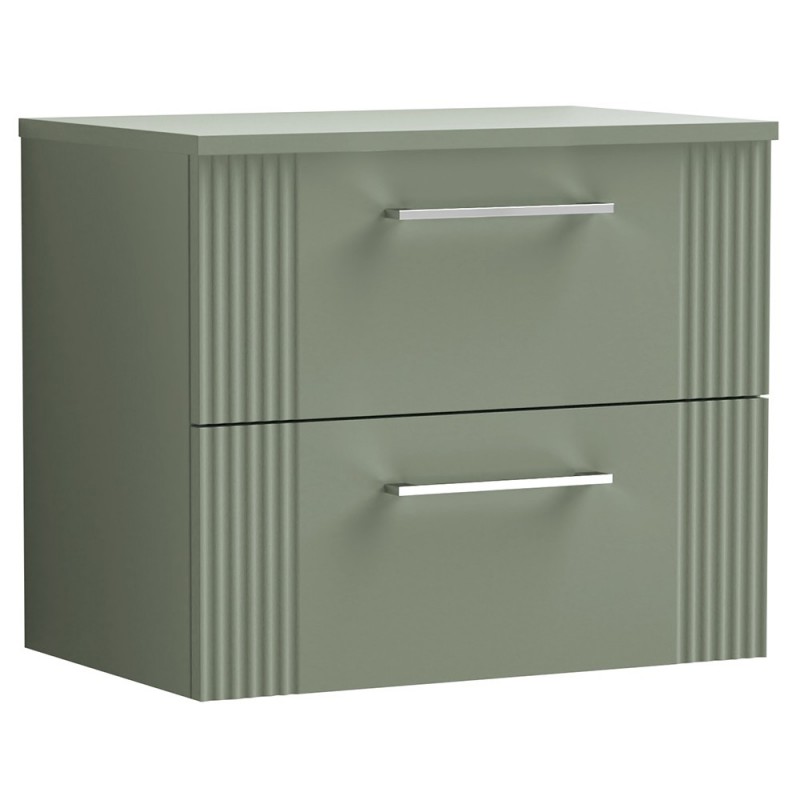 Deco 600mm Wall Hung 2 Drawer Vanity Unit with Worktop - Satin Green Deco 600mm Wall Hung 2 Drawer Vanity Unit with Worktop - Satin Green