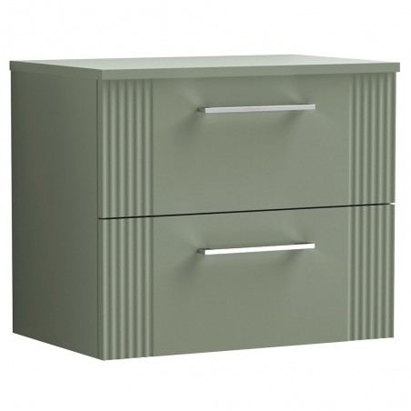 Deco 600mm Wall Hung 2 Drawer Vanity Unit with Worktop - Satin Green