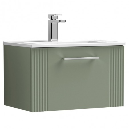 Deco 600mm Wall Hung Single Drawer Vanity Unit with Minimalist Basin - Satin Green