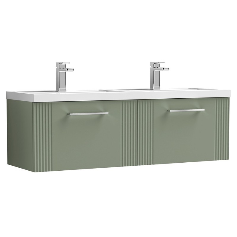 Deco 1200mm Wall Hung 2 Drawer Vanity Unit with Double Basin - Satin Green Deco 1200mm Wall Hung 2 Drawer Vanity Unit with Double Basin - Satin Green