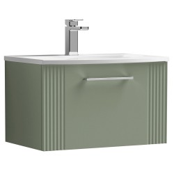 Deco 600mm Wall Hung Single Drawer Vanity Unit with Curved Basin - Satin Green