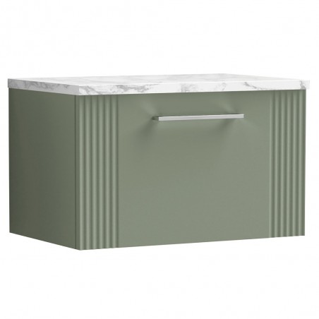 Deco 600mm Wall Hung Single Drawer Vanity Unit & Laminate Worktop - Satin Green/Carrera Marble