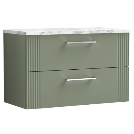 Deco 800mm Wall Hung 2 Drawer Vanity Unit & Laminate Worktop - Satin Green/Carrera Marble