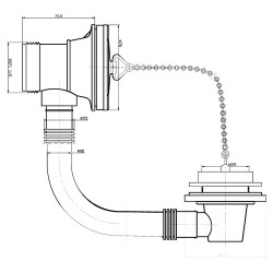 Chrome Bath Waste with Overflow Poly Plug & Ball Chain - Technical Drawing