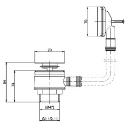 Square Push Button Bath Waste - Technical Drawing