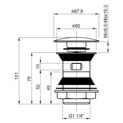 Stainless Steel Push Button Basin Waste Slotted - Technical Drawing