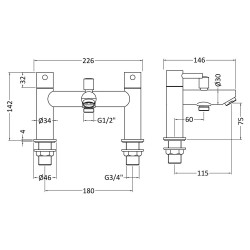 Series 2 Bath Shower Mixer Tap Deck Mounted - Technical Drawing