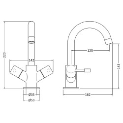 Series 2 Economy Mono Basin Mixer Tap with Push Button Waste Dual Handle - Technical Drawing