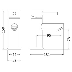 Series 2 Mono Basin Mixer Tap with Push Button Waste Single Handle - Technical Drawing