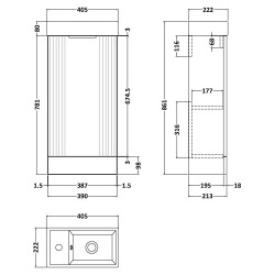 Deco 400mm Compact Freestanding 1 Door Vanity Unit with Basin - Satin White - Technical Drawing
