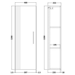 Deco 400 x 1200mm Bathroom Cabinet - Satin White - Technical Drawing