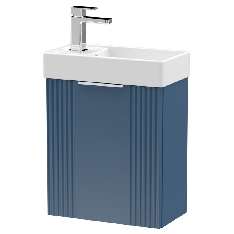 Deco 400mm Compact Wall Hung 1 Door Vanity Unit with Basin - Satin Blue Deco 400mm Compact Wall Hung 1 Door Vanity Unit with Basin - Satin Blue