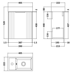 Deco 400mm Compact Wall Hung 1 Door Vanity Unit with Basin - Satin Blue - Technical Drawing
