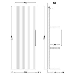 Fluted 400mm Wall Hung Tall Storage Unit 400mm Wide - Satin White - Technical Drawing