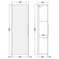 Fluted Satin Green Wall Hung 400 x 1200mm Tall Unit - Technical Drawing