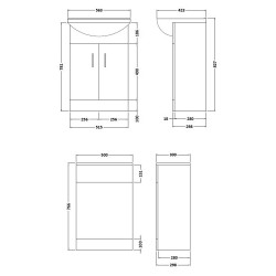 Saturn Cloakroom Furniture Pack - Square Basin - Gloss White - Technical Drawing