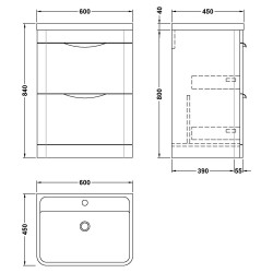 Parade 600mm Freestanding Cabinet & Basin - Gloss White - Technical Drawing