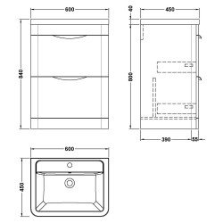 Parade 600mm Freestanding Cabinet & Ceramic Basin - Gloss White - Technical Drawing