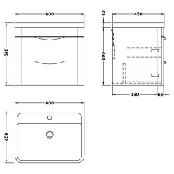 Parade 600mm Wall Hung Cabinet & Ceramic Basin - Gloss White - Technical Drawing