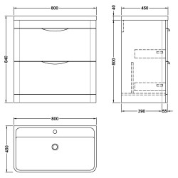 Parade 800mm Freestanding Cabinet & Basin - Gloss White - Technical Drawing