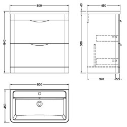 Parade 800mm Freestanding Cabinet & Ceramic Basin - Gloss White - Technical Drawing