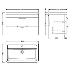 Parade 800mm Wall Hung Cabinet & Ceramic Basin - Gloss White - Technical Drawing
