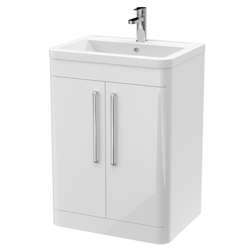 Parade 600mm Freestanding 2 Door Vanity Unit with Ceramic Basin - Gloss White