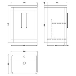 Parade 600mm Freestanding 2 Door Vanity Unit with Ceramic Basin - Gloss White - Technical Drawing