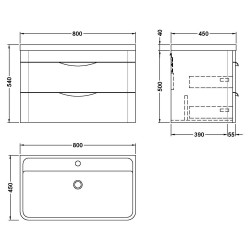 Parade 800mm Wall Hung 2 Drawer Vanity Unit with Ceramic Basin - Soft Black - Technical Drawing
