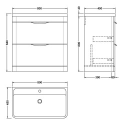 Parade 800mm Freestanding 2 Drawer Vanity Unit with Ceramic Basin - Satin Green - Technical Drawing