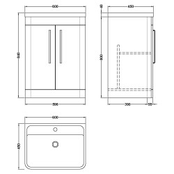 Parade 600mm Freestanding 2 Door Vanity Unit with Ceramic Basin - Satin Green - Technical Drawing