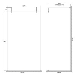 1100mm x 1950mm Wetroom Screen with Chrome Support Bars and Feet - Technical Drawing