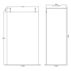 1200mm Wetroom Screen with Chrome Support Arms and H Feet - Technical Drawing