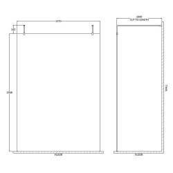 1400mm Wetroom Screen with Chrome Support Arms and H Feet - Technical Drawing