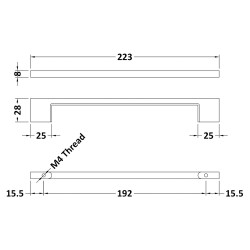 223mm D Shaped Furniture Handle - Technical Drawing