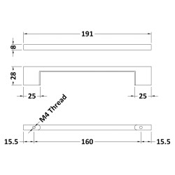 191mm D Shaped Furniture Handle - Technical Drawing