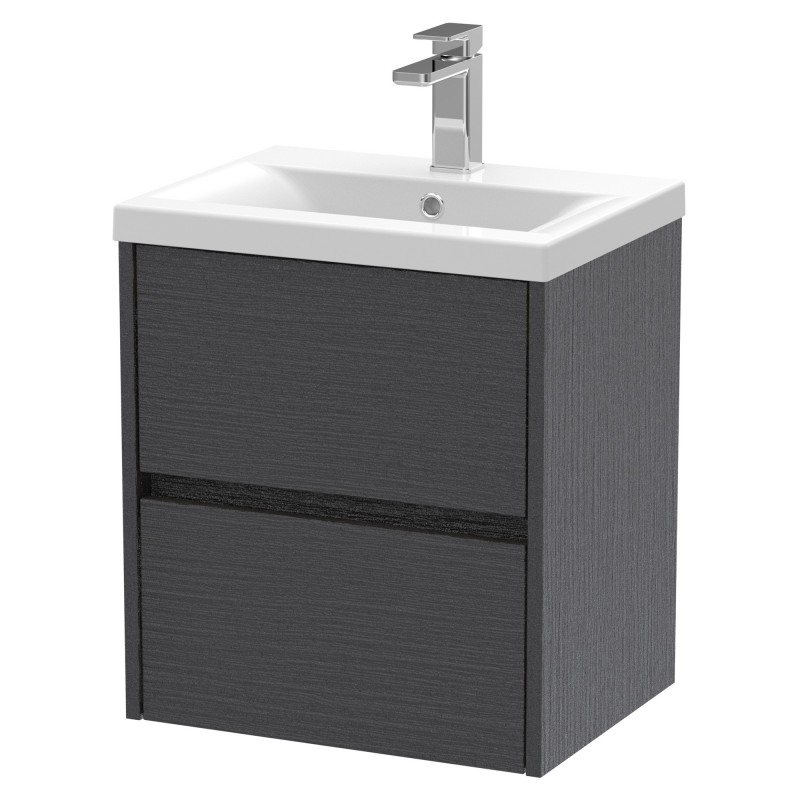 Havana 500mm Wall Hung 2 Drawer Vanity Unit with Mid-Edge Ceramic Basin - Graphite Grey Woodgrain Havana 500mm Wall Hung 2 Drawer Vanity Unit with Mid-Edge Ceramic Basin - Graphite Grey Woodgrain