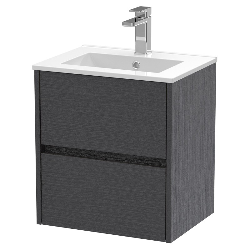 Havana 500mm Wall Hung 2 Drawer Vanity Unit with Minimalist Ceramic Basin - Graphite Grey Woodgrain Havana 500mm Wall Hung 2 Drawer Vanity Unit with Minimalist Ceramic Basin - Graphite Grey Woodgrain