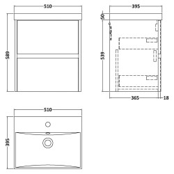 Havana 500mm Wall Hung 2 Drawer Vanity Unit with Thin-Edge Ceramic Basin - Graphite Grey Woodgrain - Technical Drawing