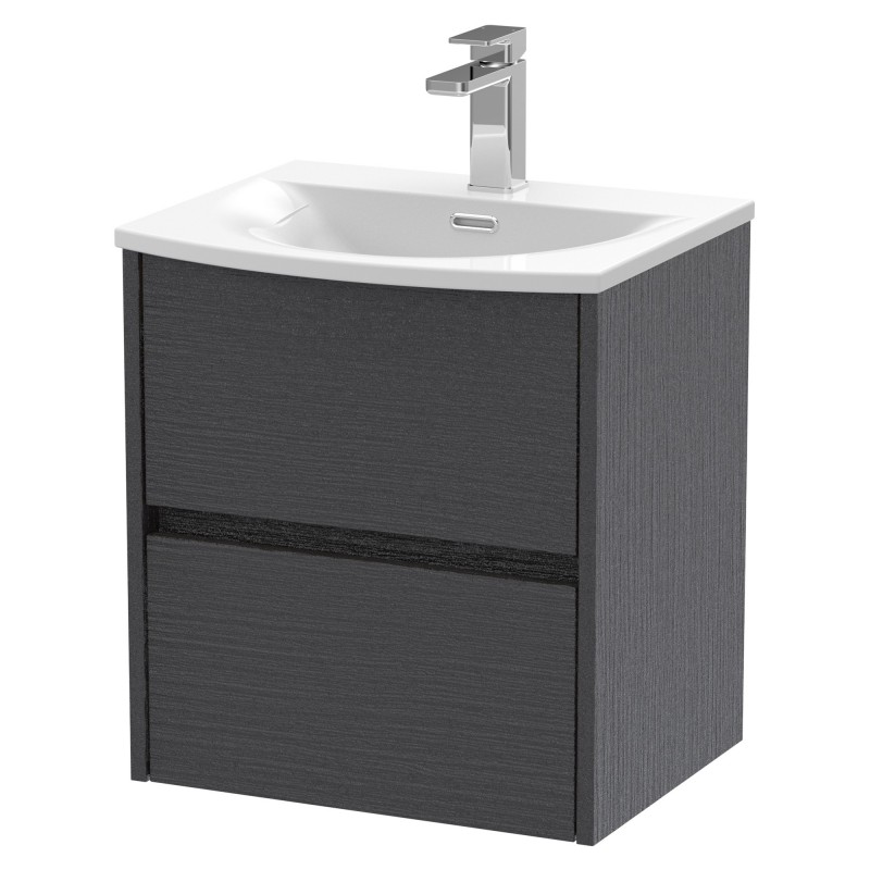 Havana 500mm Wall Hung 2 Drawer Vanity Unit with Curved Ceramic Basin - Graphite Grey Woodgrain Havana 500mm Wall Hung 2 Drawer Vanity Unit with Curved Ceramic Basin - Graphite Grey Woodgrain