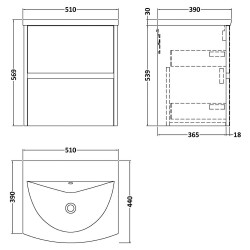 Havana 500mm Wall Hung 2 Drawer Vanity Unit with Curved Ceramic Basin - Graphite Grey Woodgrain - Technical Drawing