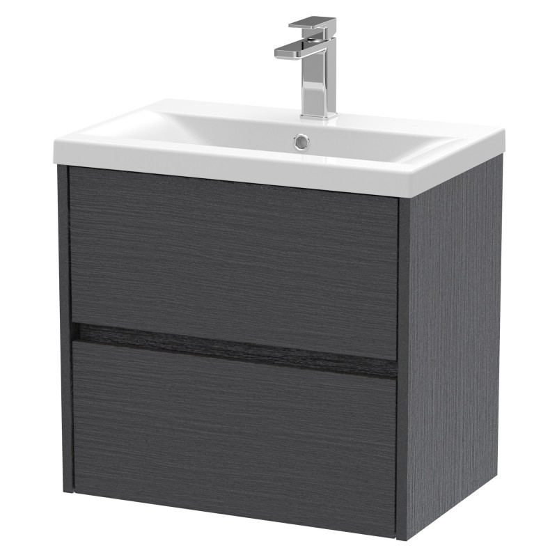 Havana 600mm Wall Hung 2 Drawer Vanity Unit with Mid-Edge Ceramic Basin - Graphite Grey Woodgrain Havana 600mm Wall Hung 2 Drawer Vanity Unit with Mid-Edge Ceramic Basin - Graphite Grey Woodgrain