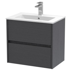 Havana 600mm Wall Hung 2 Drawer Vanity Unit with Minimalist Ceramic Basin - Graphite Grey Woodgrain