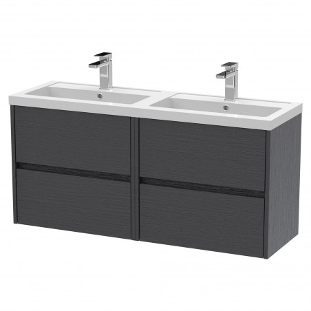 Havana 1200mm Wall Hung 4 Drawer Vanity Unit with Double Polymarble Basin - Graphite Grey Woodgrain