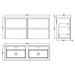 Havana 1200mm Wall Hung 4 Drawer Vanity Unit with Double Polymarble Basin - Graphite Grey Woodgrain - Technical Drawing