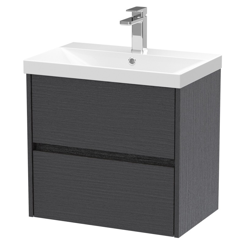 Havana 600mm Wall Hung 2 Drawer Vanity Unit with Thin-Edge Ceramic Basin - Graphite Grey Woodgrain