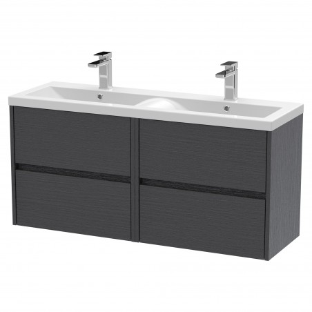 Havana 1200mm Wall Hung 4 Drawer Vanity Unit with Double Ceramic Basin - Graphite Grey Woodgrain