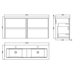 Havana 1200mm Wall Hung 4 Drawer Vanity Unit with Double Ceramic Basin - Graphite Grey Woodgrain - Technical Drawing