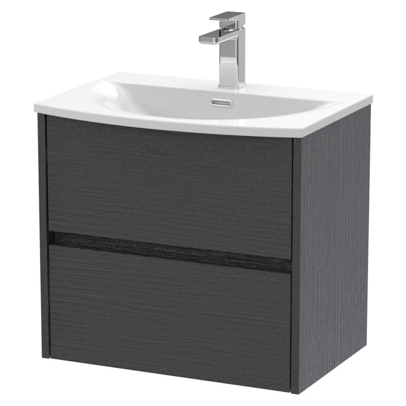 Havana 600mm Wall Hung 2 Drawer Vanity Unit with Curved Ceramic Basin - Graphite Grey Woodgrain Havana 600mm Wall Hung 2 Drawer Vanity Unit with Curved Ceramic Basin - Graphite Grey Woodgrain