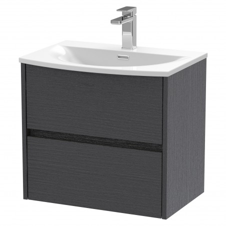 Havana 600mm Wall Hung 2 Drawer Vanity Unit with Curved Ceramic Basin - Graphite Grey Woodgrain